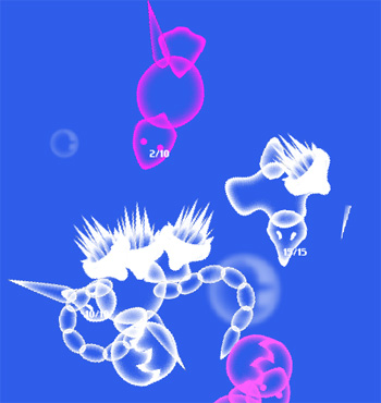 Screen shot from the game Acquatic Evolver, showing creatures locked in the ceaseless struggle to survive.