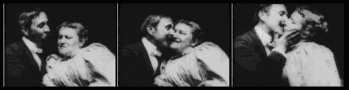 Sequence of three film stills showing a man approaching, embracing and kissing a woman.