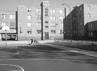 A black and white photo of an apartment building from a basketball court. A black and white photo of an apartment building from a basketball court.