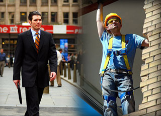 Left: man in suit walking. Right: man in construction wear standing in unfinished brick window sill. Left: man in suit walking. Right: man in construction wear standing in unfinished brick window sill.