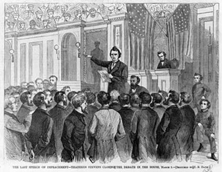 Engraving of senators gathered to impeach Andrew Johnson. Engraving of senators gathered to impeach Andrew Johnson.