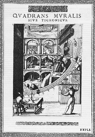Tycho Brahe with his quadrant mural, Astronomicae Instaurata Mechanica, 1598.