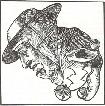 This woodcut was circulated in print in the 1520s. The head on the top is that of a Cardinal in the Catholic church; that on the bottom represents a fool.