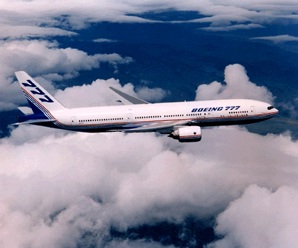 A Boeing 777 in flight.
