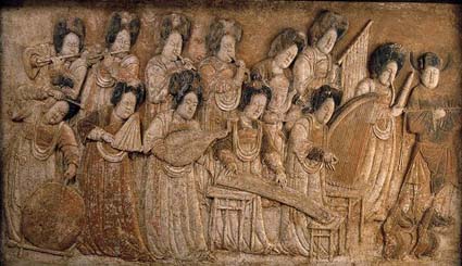 Photograph of painted marble relief of musicians, Later Liang Dynasty (A.D. 924)