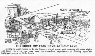 An illustration showing a man viewing the holy land from his desk. An illustration showing a man viewing the holy land from his desk.