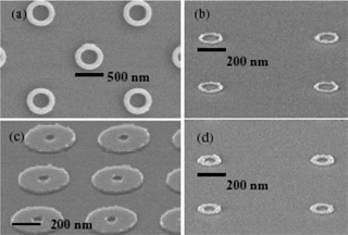 A collage of four images of different disc shaped magnetic nanostructures that look a lot like Cheerios cereal.