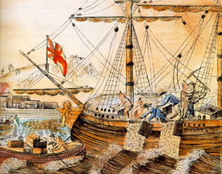 A color illustration showing several colonists and Native Americans throwing tea off of the side of a ship. A color illustration showing several colonists and Native Americans throwing tea off of the side of a ship.