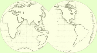 A drawing of both sides of the world displayed at the equitorial meridan, with the landmasses outlined.