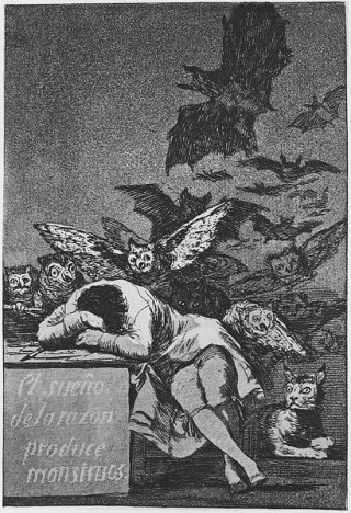 An image of a man asleep at his desk being attacked by several owls and bats.  The Sleep of Reason Produces Monsters by Francisco Goya y Lucientes.