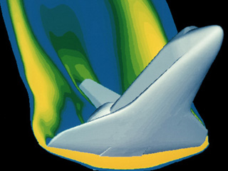 This computer-simulation uses different colors to show high velocity air flow around a space shuttle during re-entry.