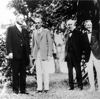 President Herbert Hoover, Henry Ford, Thomas Edison, and Harvey Firestone at Edison's 82nd birthday. Ft. Myers, Florida, February 11, 1929.