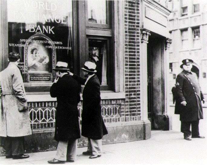 Police stand guard outside the entrance to New York's closed World Exchange Bank, March 20, 1931.