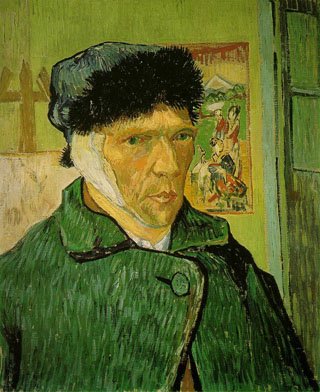 Painting of a man wearing a dark coat and fur-lined hat with a bandage on the left side of his head.