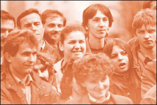 Photograph of students in conversation.