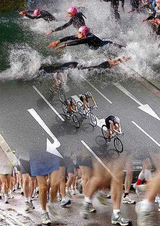 Composite image of swimmers, cyclists, and runners.