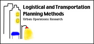 Illustration for logistical and transportation planning methods.  Logo consists of two buildings and a atreet light.  Logistical and Transportation Planning Methods-Urban Operations research appears in text.