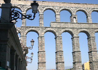 A partial view of the roman aquaduct in Segovia, Spain.