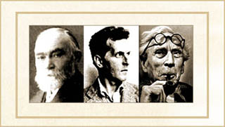 Series of three photos showing Frege, Wittgenstein, and Russell.