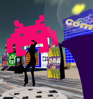 Computer graphic of a character with Space Invader head and black silhouette dancing body (referencing iTunes advertisements) on a background collage of poker gaming images.